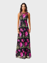 Elegant black gown adorned with pink floral patterns, showcasing a sophisticated and feminine design.
