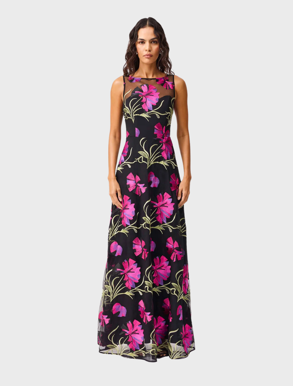Elegant black gown adorned with pink floral patterns, showcasing a sophisticated and feminine design.