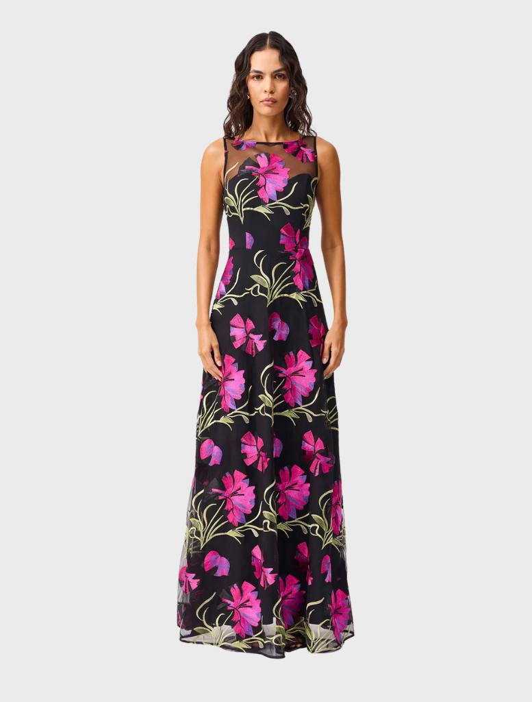 Elegant black gown adorned with pink floral patterns, showcasing a sophisticated and feminine design.