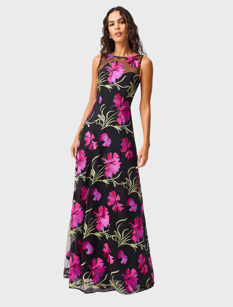 Black gown with delicate pink floral accents, offering a graceful silhouette ideal for special events.