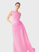 The Amelina Sash Gown in pink showcases a graceful design with a flattering fit and a stylish sash accent.