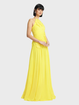 Elegant Sunshine gown with a square neckline, ruched bodice adorned with 3D petals, and a relaxed skirt with full lining.