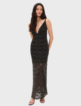 Black Anet Dress displayed on a mannequin, featuring a sleek design and elegant silhouette.