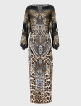 Stylish twist front dress adorned with an Istanbul Animalia pattern, highlighting bold colors and contemporary fashion.
