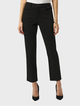 A pair of black slim jeans, ankle-length, showcased against a neutral backdrop.