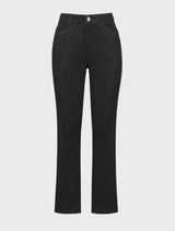 Close-up of black slim jeans, ankle-length style, on a plain surface.