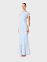 Cap sleeve gown in blue by Annabelle, designed with a flattering silhouette and graceful flow for formal wear.