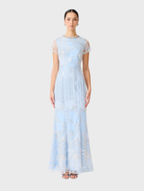Elegant blue Annabelle cap sleeve gown, featuring a fitted bodice and flowing skirt, perfect for formal occasions.