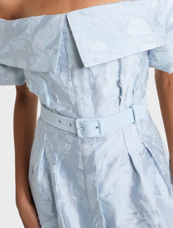 Elegant blue brocade gown by Bridal Anneli, crafted from a soft cotton-blend for a refined bridal look.