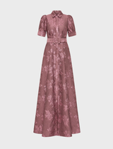 Elegant Annette Button Gown in Moonlight Mauve, featuring delicate buttons and a flowing silhouette.