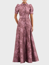 Moonlight Mauve Annette Button Gown, showcasing a graceful design with intricate button details and a soft drape.
