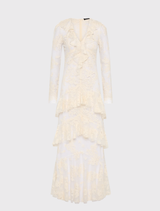 Elegant cream dress with scalloped lace and frill details, transitioning into a soft full-length skirt for versatile wear.