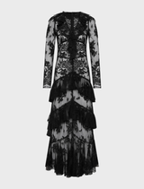 Elegant black Antoinette dress featuring a fitted silhouette and flowing skirt, perfect for formal occasions.