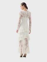 Cream lace Antoinette Dress with cascading frills and a full-length skirt, offering a delicate and expressive silhouette.