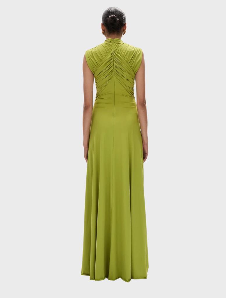 Beautiful apple-toned Juniper gown, featuring a classic silhouette and exquisite fabric for a timeless style.
