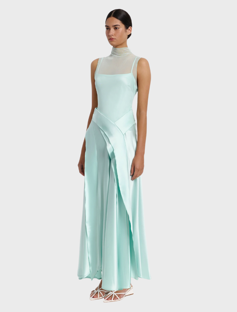 Elegant Daleson Maxi Dress in Aqua Frost, showcasing a flowing design ideal for warm-weather events.