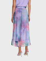 Aqua and lilac watercolour pleated skirt, featuring soft pleats and a fluid silhouette for a stylish look.
