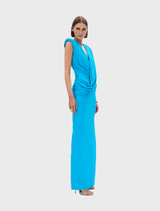 Aquamarine Solstice Gown featuring a flowing silhouette and elegant design, perfect for formal occasions.