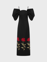Arabella embroidered maxi dress in ebony, featuring intricate embroidery and a flowing silhouette, perfect for elegant occasions.