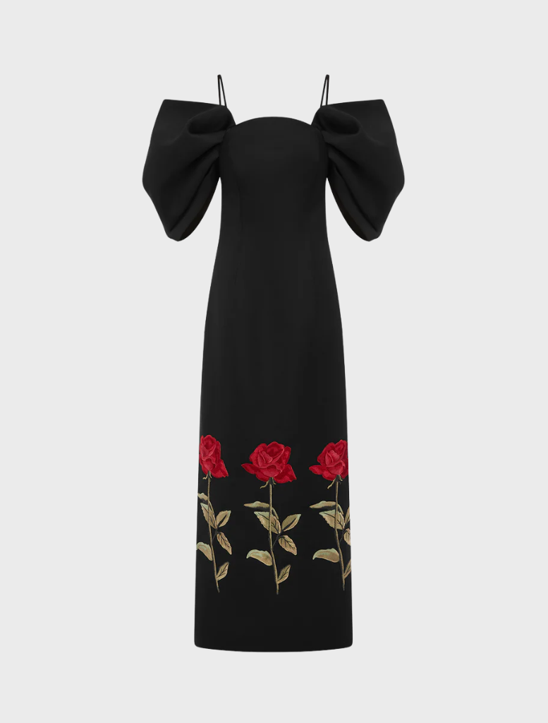Arabella embroidered maxi dress in ebony, featuring intricate embroidery and a flowing silhouette, perfect for elegant occasions.