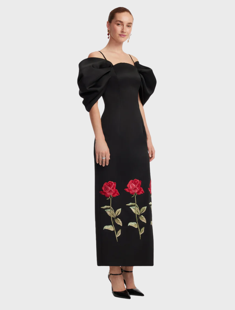 Chic ebony maxi dress with beautiful embroidery, designed for elegance at formal occasions and evening outings.