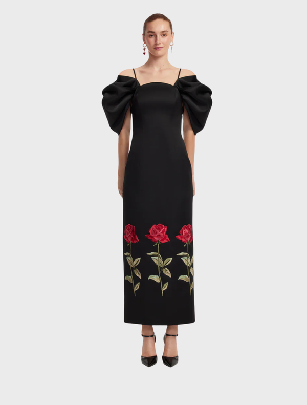 Elegant ebony maxi dress featuring intricate embroidery, perfect for formal occasions or evening events.

