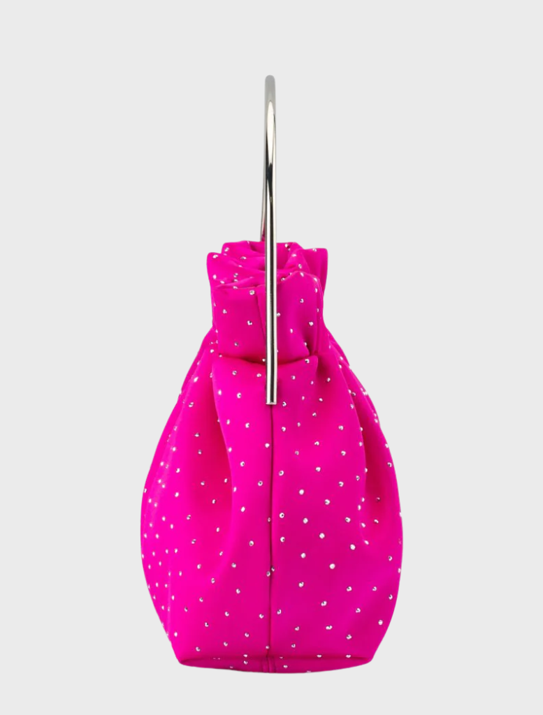 A fashionable fuchsia clutch bag with a chain strap, combining style and functionality in a compact design.