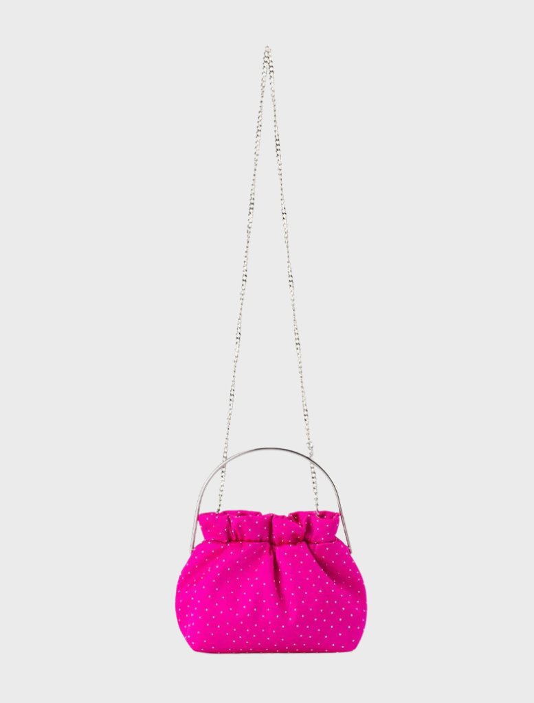 A stylish pink clutch bag with a chain strap, designed for elegance and convenience, labeled as Archie Top Handle Pouch.
