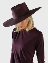 Burgundy red fedora with a wide brim and structured design, featuring an internal elastic tie for a secure fit.