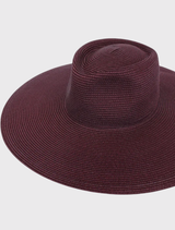 Morgan & Taylor's burgundy fedora with a wide brim and modern design, includes an internal cord for a customizable fit.