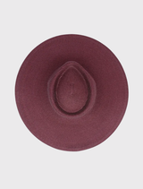 Burgundy red wide-brim fedora by Morgan & Taylor, featuring a structured shape and adjustable internal cord for comfort.