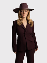 Burgundy red wide-brim fedora by Morgan & Taylor, featuring a structured shape and adjustable internal cord for comfort.