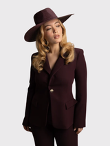 Stylish burgundy fedora with a wide brim and structured design, featuring an adjustable cord for a comfortable fit.