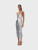 Stunning silver Ariel dress with a soft, flowing design, accentuated by subtle details, suitable for formal gatherings.