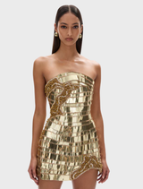 Gold Ariel Mini Dress designed with a flattering fit, suitable for evening outings or celebrations, exuding sophistication.