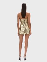Stylish gold Ariel Mini Dress featuring a sleek silhouette, ideal for formal events, radiating glamour and sophistication.
