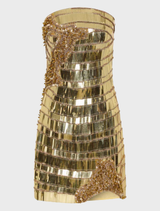 Elegant gold Ariel Mini Dress with a stylish cut, ideal for parties or formal events, showcasing a chic and modern look.