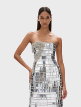 Silver Ariel dress with a flowing silhouette, featuring delicate details and a shimmering finish, perfect for formal occasions.
