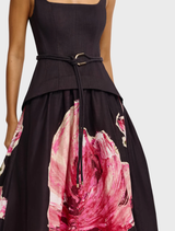 Elegant garnet Magnolia Actonhill Maxi Dress by Arnet, featuring a long, flowing design with intricate floral motifs.