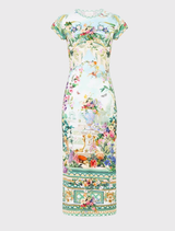 Cap sleeve jersey tank dress with a floral print, slim fit, and crystal accents, inspired by Vienna's Schonbrunn Palace.