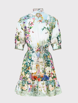 Short dress with shirred waist, flaring mini skirt, and elbow-length sleeves, featuring floral print inspired by Schonbrunn Palace.