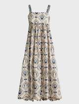 The model wears a blue and white floral print dress, emphasizing its beautiful floral patterns and chic style.