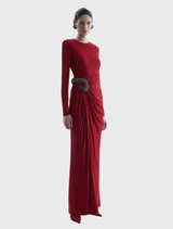 Red Aspen Gown featuring a fitted silhouette, long sleeves, sculpted bodice, and hand-embellished detailing throughout.