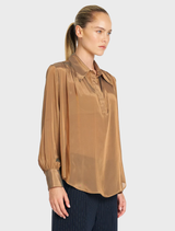Elegant Syrup Chiffon Atrium Blouse with a two-tone effect, 3/4 open placket, and gathered sleeves for a stylish look.