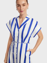 Stylish navy midi dress with a striped pattern and shirt design, versatile for different occasions and seasons.