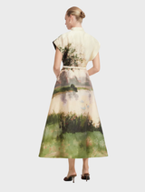 Midi dress featuring a serene print, designed by Aubrey, showcasing a stylish and elegant silhouette.