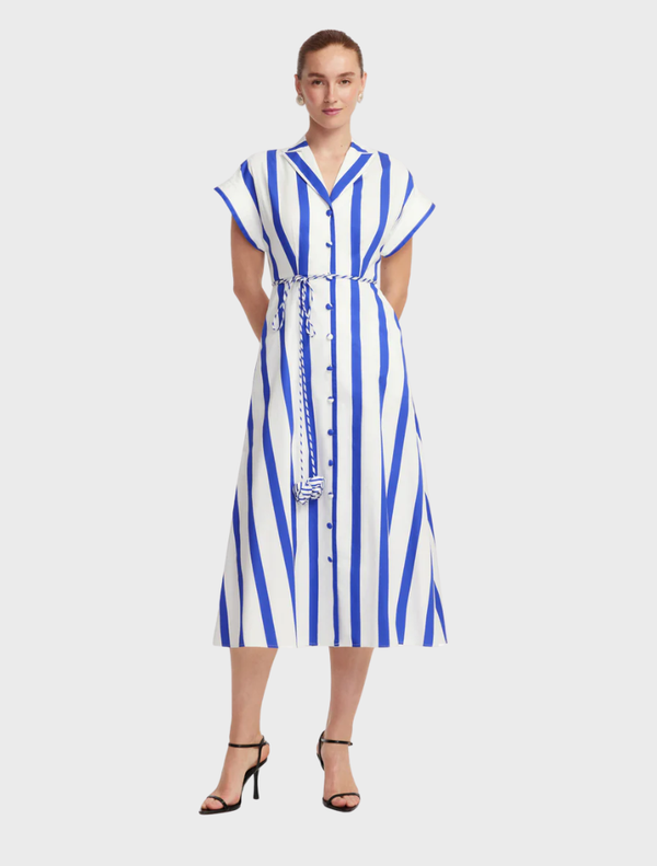 Elegant navy midi dress with stripes, designed in a shirt style, suitable for various events and everyday wear.