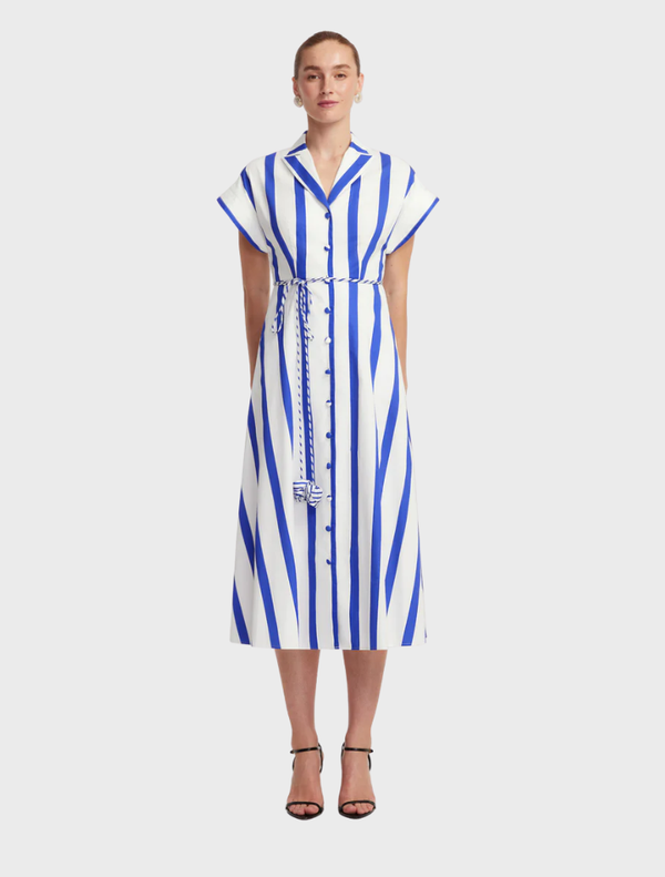  Navy midi dress featuring a striped pattern and a classic shirt design, perfect for casual or semi-formal occasions.
