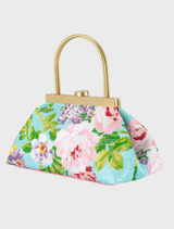 Front view of the Audrey Sequin Top Handle - Aqua floral sequin top handle bag