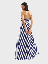 Sophisticated Audrey gown with a royal stripe pattern, emphasizing a graceful fit and timeless elegance.
